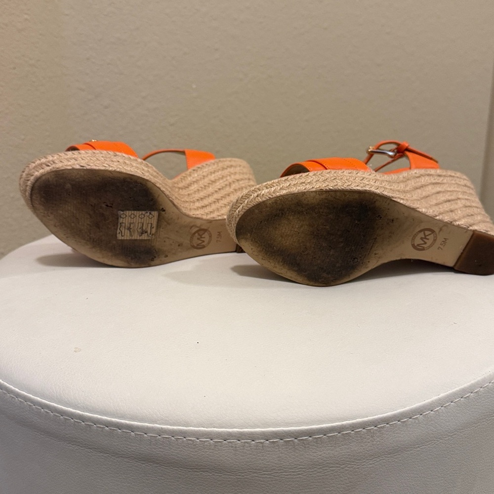 #244. Michael Kors Orange Platform Espadrille Wedges with Gold MK Hardware - Picture 4 of 5